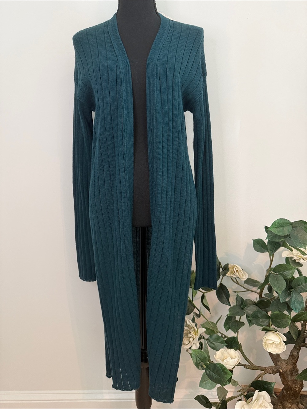 NWT Free People Dark Turquoise Ribbed Knit Long Open-Front Cardigan L